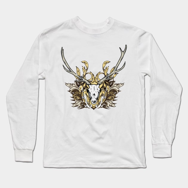 Deer Skull with Engraved Floral Long Sleeve T-Shirt by ddtk